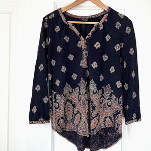 Lucky Brand Blue Paisley Long Sleeve Peasant Blouse Top Boho -Size Small
